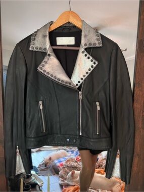 The Mighty Company Black Lamb Leather Jacket with Studded Collar Price Is Firm
